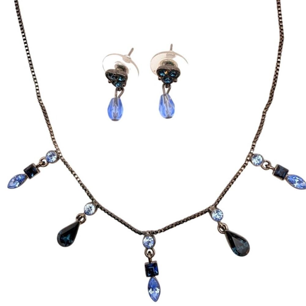 Vtg Signed Givenchy Blue Crystal Bib Necklace Drop Earrings Set Designer Jewelry